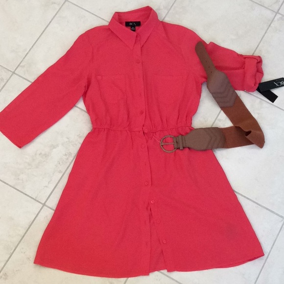 BCX SIZE M BELTED CORAL SHIRT DRESS - Picture 3 of 8